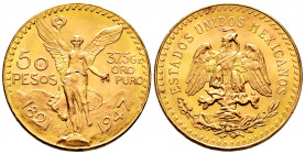 Mexico. 50 pesos. 1947. (Km-481). Au. 41,68 g. Mint state. Est...1700,00. 

Spanish Description: México. 50 pesos. 1947. (Km-481). Au. 41,68 g. SC. ...