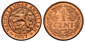Netherlands Antilles. 1 cent. 1957. (Km-1). Ae. 2,49 g. Mint state. Est...50,00. 

Spanish Description: Antillas Holandesas. 1 cent. 1957. (Km-1). A...
