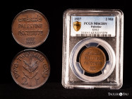 Palestine. 2 mils. 1927. (Km-2). Ae. Slabbed by PCGS as MS 62 BN. This coin is exempt from any export license fee. PCGS-MS. Est...45,00. 

Spanish D...