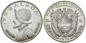 Panama. 1 balboa. 1974. (Km-27). Ag. 26,74 g. Plenty of original luster. Mint state. Est...25,00. 

Spanish Description: Panamá. 1 balboa. 1974. (Km...