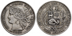 Peru. 5 pesetas. 1880. BF. (Km-201.2). Ag. 24,91 g. Choice VF. Est...50,00. 

Spanish Description: Perú. 5 pesetas. 1880. BF. (Km-201.2). Ag. 24,91 ...