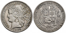 Peru. 5 pesetas. 1880. BF. (Km-201.1). Ag. 24,73 g. Minor nicks on edge. VF. Est...60,00. 

Spanish Description: Perú. 5 pesetas. 1880. BF. (Km-201....