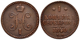 Russia. Nicholas I. 1 kopeck. 1840. Ekaterinburg. EM. (Bitkin-557). (Km-C144.1). Ae. 10,82 g. Scarce. VF. Est...35,00. 

Spanish Description: Rusia....