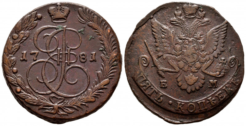 Russia. Catherine II. 5 kopecks. 1781. Ekaterinburg. EM. (Bitkin-632). Ae. 51,28...