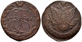 Russia. Catherine II. 5 kopecks. 1781. Ekaterinburg. EM. (Bitkin-632). Ae. 51,28 g. Choice VF. Est...40,00. 

Spanish Description: Rusia. Catherine ...