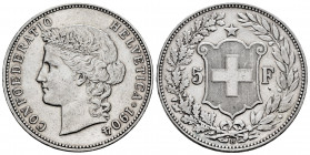 Switzerland. 5 francs. 1904. B. (Km-34). (Dav-392). Ag. 23,03 g. Minor marks. Rare. Choice VF. Est...600,00. 

Spanish Description: Suiza. 5 francs....