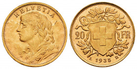 Switzerland. 20 francs. 1935. Bern. B. (Km-35.1). (Fried-499). Au. 6,46 g. Mint state. Est...300,00. 

Spanish Description: Suiza. 20 francs. 1935. ...