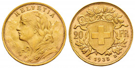 Switzerland. 20 francs. 1935. Bern. B. (Km-35.1). (Fried-499). Au. 6,46 g. Minor scratches on obverse. Almost MS/Mint state. Est...300,00. 

Spanish...
