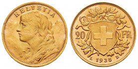 Switzerland. 20 francs. 1935. Bern. B. (Km-35.1). (Fried-499). Au. 6,46 g. Mint state. Est...300,00. 

Spanish Description: Suiza. 20 francs. 1935. ...