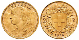 Switzerland. 20 francs. 1935. Bern. B. (Km-35.1). (Fried-499). Au. 6,44 g. Mint state. Est...300,00. 

Spanish Description: Suiza. 20 francs. 1935. ...