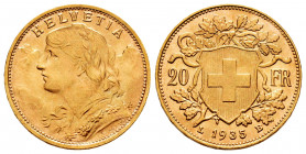 Switzerland. 20 francs. 1935. Bern. B. (Km-35.1). (Fried-499). Au. 6,44 g. Mint state. Est...300,00. 

Spanish Description: Suiza. 20 francs. 1935. ...