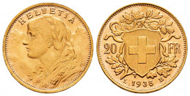 Switzerland. 20 francs. 1935. Bern. B. (Km-35.1). (Fried-499). Au. 6,47 g. Mint state. Est...300,00. 

Spanish Description: Suiza. 20 francs. 1935. ...