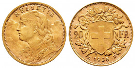 Switzerland. 20 francs. 1935. Bern. B. (Km-35.1). (Fried-499). Au. 6,45 g. Mint state. Est...300,00. 

Spanish Description: Suiza. 20 francs. 1935. ...