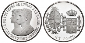 Uruguay. 20.000 nuevos pesos. 1983. (Km-131). Ag. 20,29 g. Visit of the Kings of Spain. PR. Est...90,00. 

Spanish Description: Uruguay. 20.000 nuev...