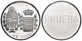 Uruguay. 20.000 nuevos pesos. 1983. Ag. 20,35 g. Prueba unifaz. PR. Est...90,00. 

Spanish Description: Uruguay. 20.000 nuevos pesos. 1983. Ag. 20,3...