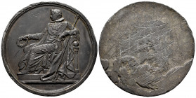 France. Napoleón I. Medal. 1812. (Brasem-1178). (Julius-2557). Anv.: Proof of the reverse of the Fine Arts medal. Napoleon enthroned on the left, with...