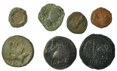 HISPANIA ANTIGUA. Lote de 7 piezas: 3 cuadrantes de Caesaraugusta, 1 as de Celsa y 3 ases de Bilbilis. BC/MBC-.