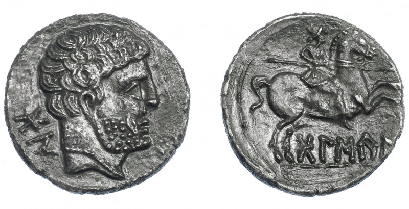 HISPANIA ANTIGUA. BOLSKAN. Denario. A/ Cabeza masculina a der., detrás signos ib...
