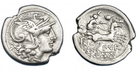 REPÚBLICA ROMANA. FURIA. Denario. Roma (169-158 a.c.). R/ Diana en biga a der., debajo PVR y ROMA en cartela. Ar 3,72 g. 18,79 mm. CRAW-187.1. FFC-729...
