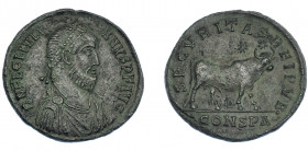 IMPERIO ROMANO. JULIANO II. Follis. Constantinopolis. R/ Toro a der., encima estrellas; en exergo marca de ceca CONSPD rama. AE 8,69 g. 28,2 mm. RIC-1...