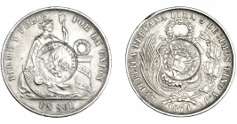 MONEDAS EXTRANJERAS. GUATEMALA. 1 peso. 1894. Resello de 1/2 real de Guatemala de 1894, sobre un sol (Perú) de 1874. Y.J. KM-224. MBC+.
