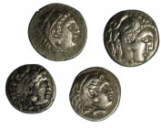 GRECIA ANTIGUA. MACEDONIA. Lote de 4 piezas (finales S. III a.C.): 3 dracmas de Alejandro III (A/ Cabeza de Heracles; R/ Zeus entronizado) y 1 octóbol...