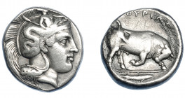GRECIA ANTIGUA. LUCANIA. Thurium. Estátera (413-350 a.C.). A/ Cabeza de Atenea a der., en el casco Escila sujetando remo. R/ Toro embistiendo a der., ...