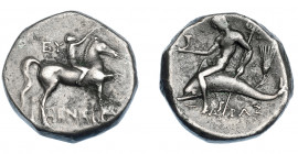 GRECIA ANTIGUA. CALABRIA. Tarento. Didracma (272-235 a. C.). A/ Jinete desnudo coronando su caballo a der.,detrás EU, debajo F y entre las patas (H)EN...