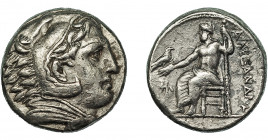 GRECIA ANTIGUA. MACEDONIA. Alejandro III. Tetradracma. Anfípolis (c. 325-323 a.C.). R/ Delante del trono Atenea. AR 16,81 g. 24,1 mm. PRC-105. Pequeña...