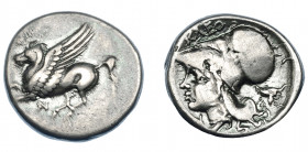 GRECIA ANTIGUA. ACARNANIA. Anactorion. Estátera (300-250 a.C.). A/ Pegaso volando a izq., debajo monograma. R/ Cabeza de Atenea a izq., encima KLEO, d...