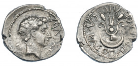 GRECIA ANTIGUA. MAURITANIA. Juba II con Cleopatra Selene. Denario (25 a.C.-23 d.C.). A/ Cabeza diademada a der.; REX IVBA. R/ Tocado de Isis con espig...