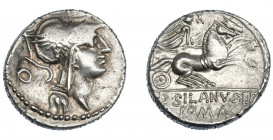REPÚBLICA ROMANA. JUNIA. Denario. Roma (91 a.C.). A/ Letra O detrás de la cabeza. R/ Encima X; D SILANVS LF/ ROMA. AR 3,89 g. 17,98 mm. CRAW-337.3. FF...