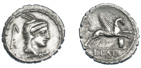 REPÚBLICA ROMANA. PAPIA. Denario. Roma (79 a.C.). A/ Cabeza de Juno Sospita a der., detrás mayal. R/ Debajo canasta con asa. Pareja de símbolos 45 de ...