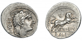 REPÚBLICA ROMANA. THORIA. Denario. Roma (105 a.C.). A/ Cabeza de Juno Sóspita a der.; detrás: I S M R. R/ Toro a der., encima E, debajo L. THORIVS; ex...