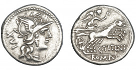 REPÚBLICA ROMANA. TITINIA. Denario. Roma (141 a.C.). A/ Detrás XVI. R/ Victoria en biga, debajo C TITINI y ROMA en cartela. AR 3,89 g. 19,07 mm. CRAW-...