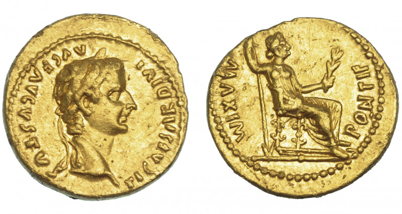 IMPERIO ROMANO. TIBERIO. Áureo. Lugdunum (14-37 d.C.). A/ Cabeza laureada a der....