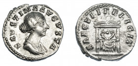 IMPERIO ROMANO. FAUSTINA LA MENOR (bajo Marco Aurelio). Denario. (161-176). A/ Busto drapeado a der.; FAVSTINA AVGVSTA. R/ Pulvinar engalanado con dos...