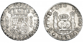 FELIPE V. 8 reales. 1733. México. MF. AR 26,36 g. VI-1141. Oxidaciones marinas limpiadas y rayitas en rev. MBC-. Rara.