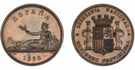 GOBIERNO PROVISIONAL. Medalla de proclamación. 1868. AE 37 mm. Grabador LM (Luis Marchioni). MPM-II.767. Dos puntos de óxido. Bonita pátina marrón. SC...