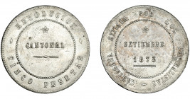 REVOLUCIÓN CANTONAL. 5 pesetas. 1873. Cartagena. Coincidente sobre eje horizontal. VII-29. EBC.