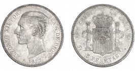 ALFONSO XII. 5 pesetas. 1877 *18-77. Madrid. DEM. VII-83. Pátina gris. EBC/EBC+.