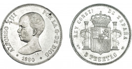 ALFONSO XIII. 5 pesetas. 1890 *18-90. Madrid. MPM. VII-180. Golpecitos en gráfila. EBC.