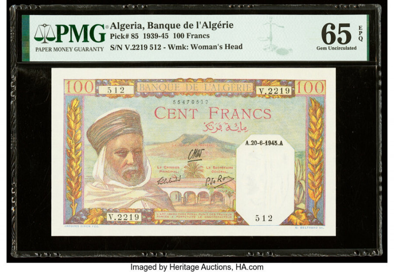 Algeria Banque de l'Algerie 100 Francs 20.6.1945 Pick 85 PMG Gem Uncirculated 65...