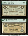 Argentina Banco Hipotecario 5; 50 Pesos 14.7.1891 Pick S617; S620 Two Examples PMG Extremely Fine 40; About Uncirculated 55. Pinholes are noted on Pic...