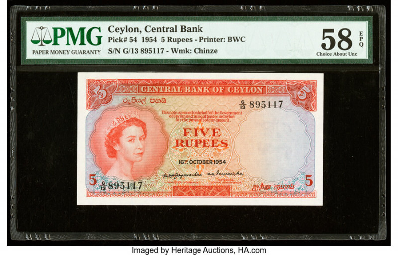 Ceylon Central Bank of Ceylon 5 Rupees 16.10.1954 Pick 54 PMG Choice About Unc 5...