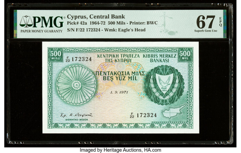 Cyprus Central Bank of Cyprus 500 Mils 1.9.1971 Pick 42a PMG Superb Gem Unc 67 E...