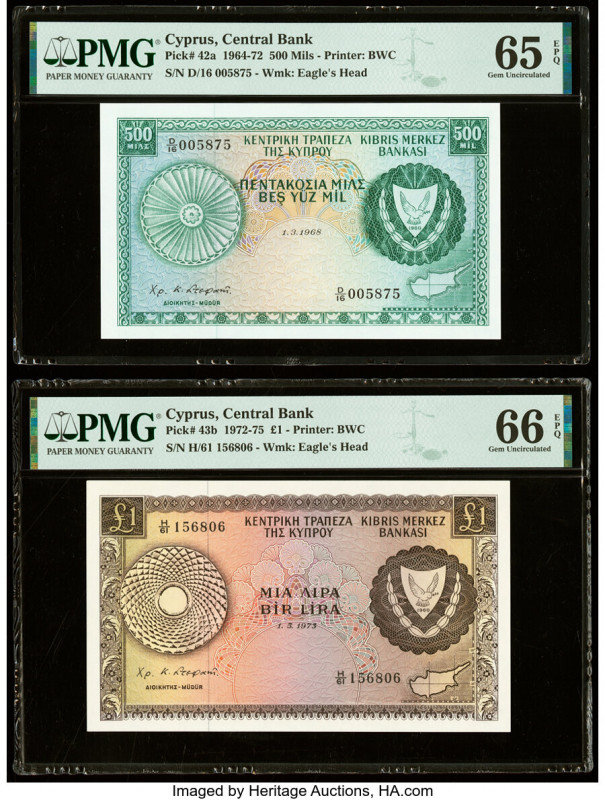 Cyprus Central Bank of Cyprus 500 Mils; 1 Pound 1.3.1968; 1.5.1973 Pick 42a; 43b...