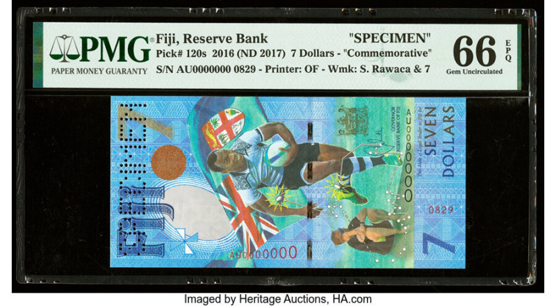 Fiji Reserve Bank of Fiji 7 Dollars 2016 (ND 2017) Pick 120s Specimen PMG Gem Un...