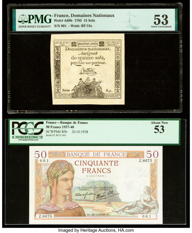 France Domaines Nationaux 15 Sols; 50 Francs 23.5.1793; 20.10.1938 Pick A69b; 85...