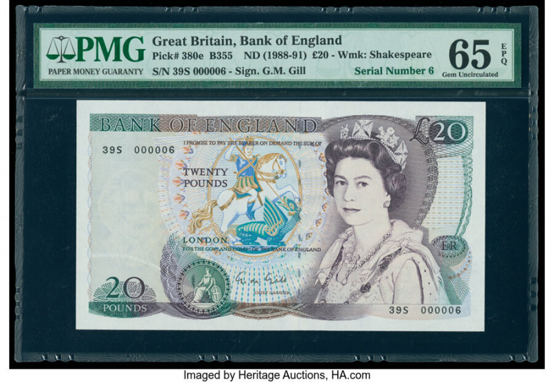 Low Serial 6 Great Britain Bank of England 20 Pounds ND (1988-91) Pick 380e PMG ...